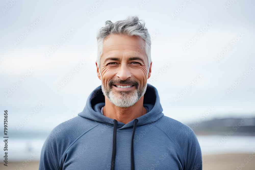 Fototapeta premium Smiling Senior Man Wearing Hoodie at the Beach on Overcast Day
