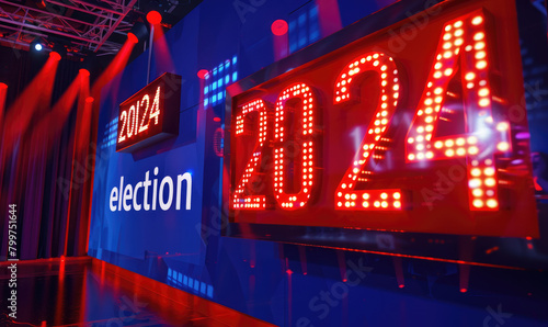 3d text "2024 election" hanging on stage, blue and red lights, cinematic