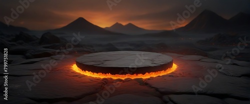 3D render Platform and natural Podium lava rocks smelt on volcano with magma and lava erupt  for product display, Blank showcase, mock up template presentation or etc photo