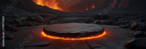 Product display stands boldly against the flowing lava, exuding strength. Set against the backdrop of seething magma, this product photography podium captures the essence of elemental force photo