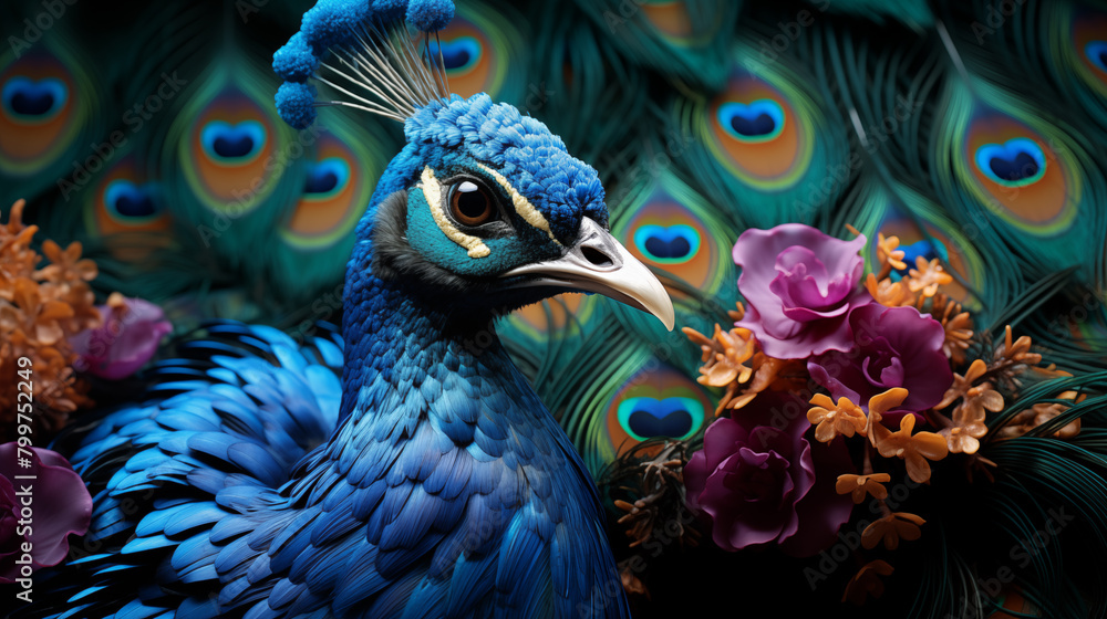 Obraz premium Peacock features in textured backgrounds create a visual spectacle. The intricate peacock features dazzle. Textures of peacock features captivate
