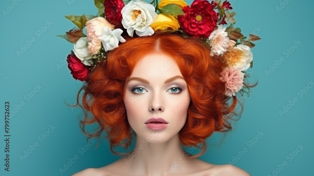 Girl with colorful flowers wreath. Flowers Hair Style.