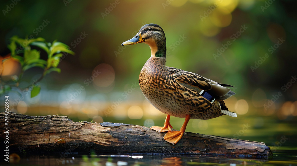 Fototapeta premium Mallard on Log, A mallard duck stands majestically on a log over tranquil waters with a soft-focused backdrop.