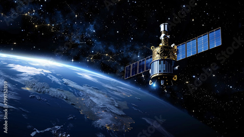 Celestial Communications  Satellite orbiting Earth  connecting continents with technology in space.