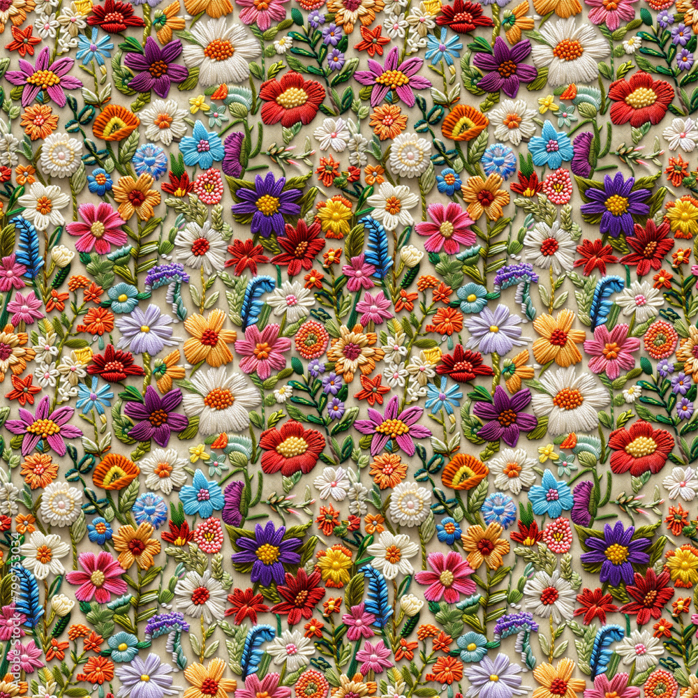 Fototapeta premium Floral embroidery from knitting wool, yarn, seamless pattern.