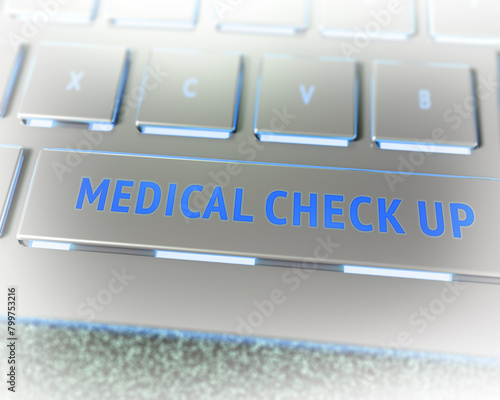 Close-up of a keyboard with a MEDICAL CHECK UP button. Background on the theme of health and medicine.
