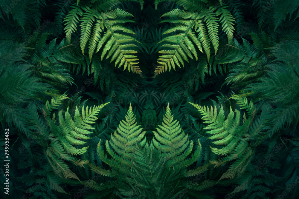 A minimalist composition featuring the graceful curves and symmetrical patterns of unfurling fern fronds against a backdrop of lush green foliage, conveying a sense of organic beauty and simplicity. 