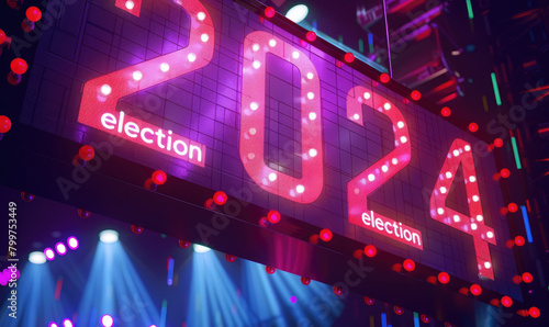 3d text "2024 election" hanging on stage, blue and red lights, cinematic