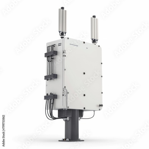 Telecommunication pole of 4G and 5G cellular. Base Station or Base Transceiver Station. Wireless Communication Antenna Transmitter. Telecommunication pole with antennas isolated on white background.