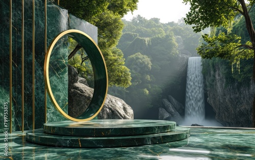 Luxury round green marble stage podium platform on green granite floor with Serene tropical rainforest waterfall background for porduct display photo