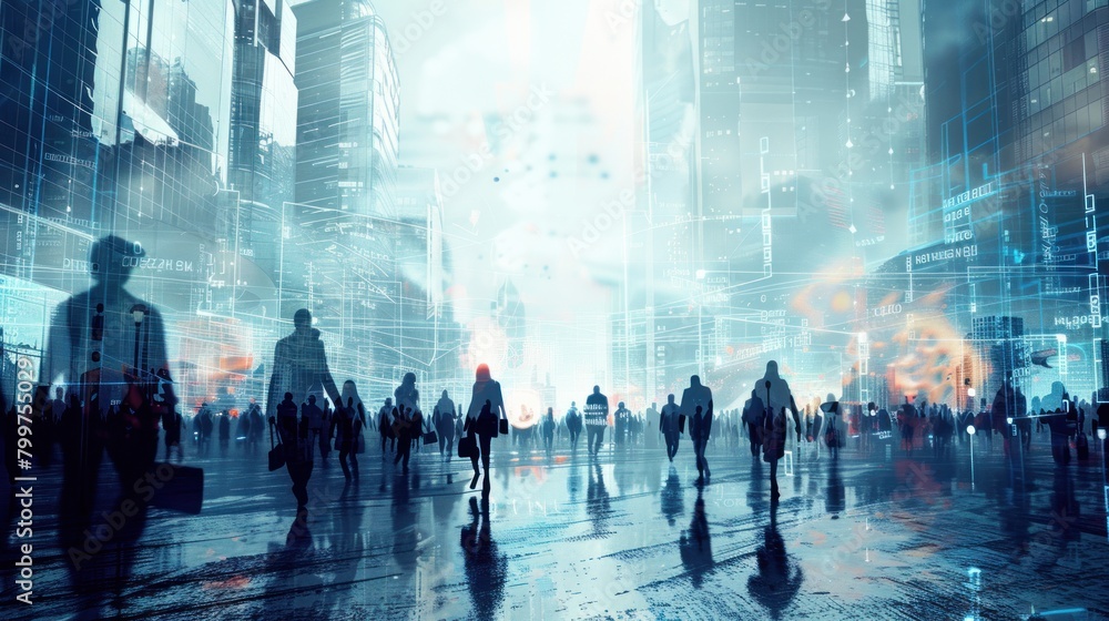 Network and internet communication concept. Silhouettes of business people in abstract city with double exposure of blurry network interface Network and internet communication concept. Silhouettes of business people in abstract city with double exposure of blurry network interface