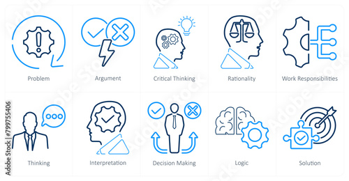 A set of 10 critical thinking icons as problem, argument, critical thinking © popcornarts