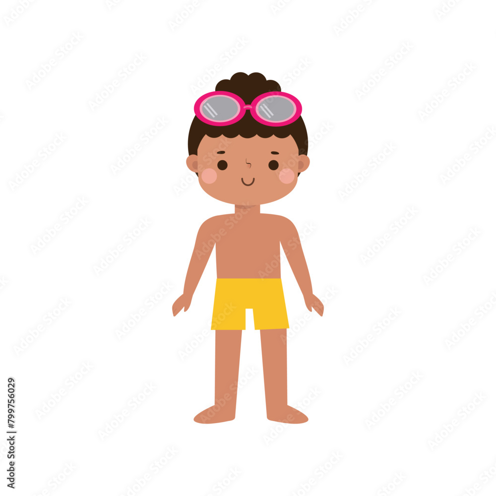 kid wearing swimming suits in summer vacations, Cute child cartoon Pool party characters, Kids spending holidays in seaside isolated white background Vector illustration kid wearing swimming suits in summer vacations, Cute child cartoon Pool party characters, Kids spending holidays in seaside isolated white background Vector illustration