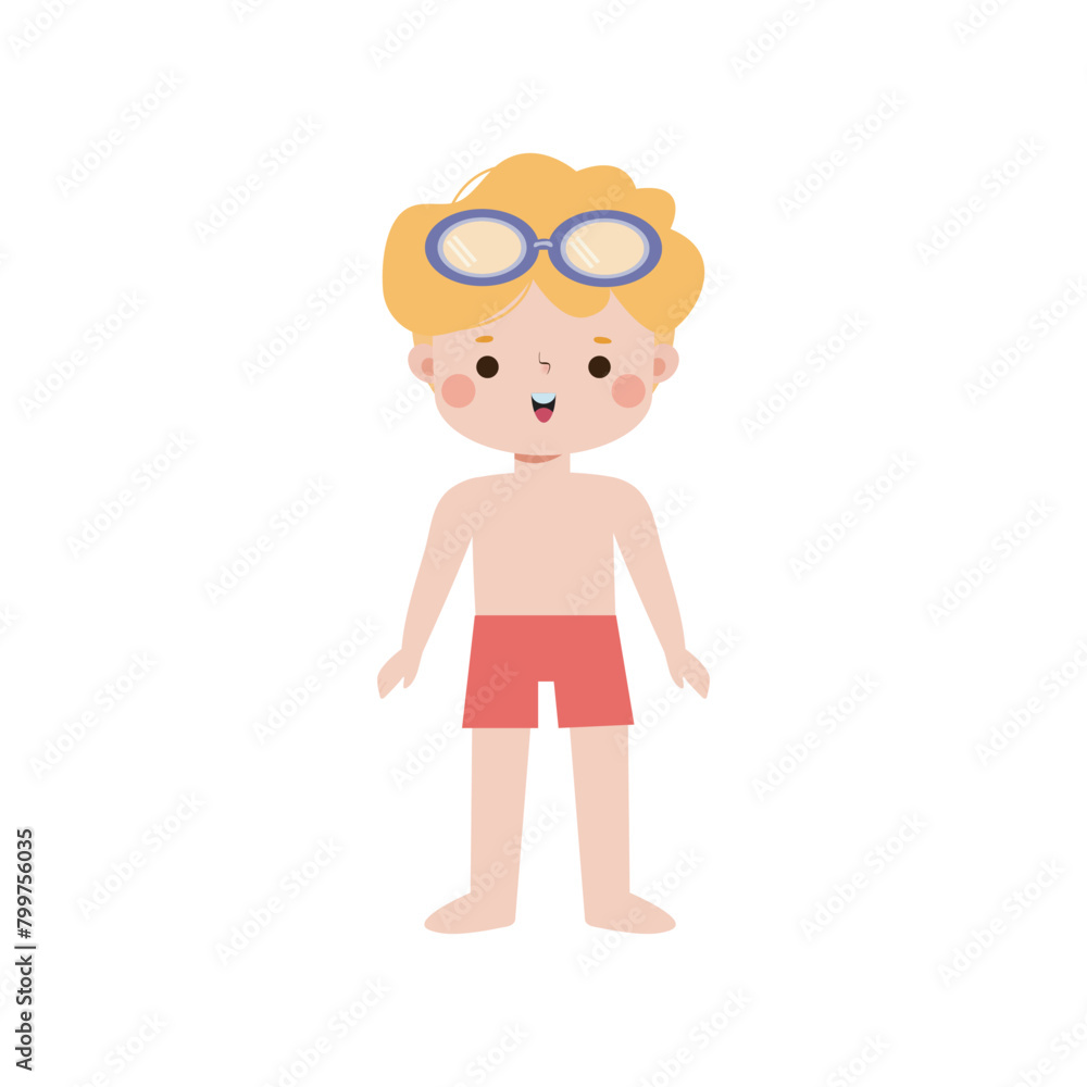 kid wearing swimming suits in summer vacations, Cute child cartoon Pool party characters, Kids spending holidays in seaside isolated white background Vector illustration kid wearing swimming suits in summer vacations, Cute child cartoon Pool party characters, Kids spending holidays in seaside isolated white background Vector illustration