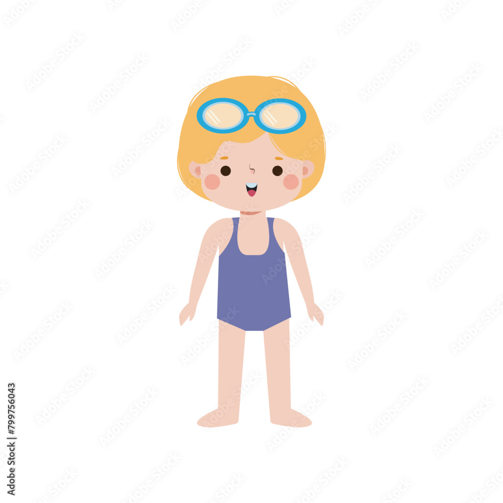 kid wearing swimming suits in summer vacations, Cute child cartoon Pool party characters, Kids spending holidays in seaside isolated white background Vector illustration kid wearing swimming suits in summer vacations, Cute child cartoon Pool party characters, Kids spending holidays in seaside isolated white background Vector illustration