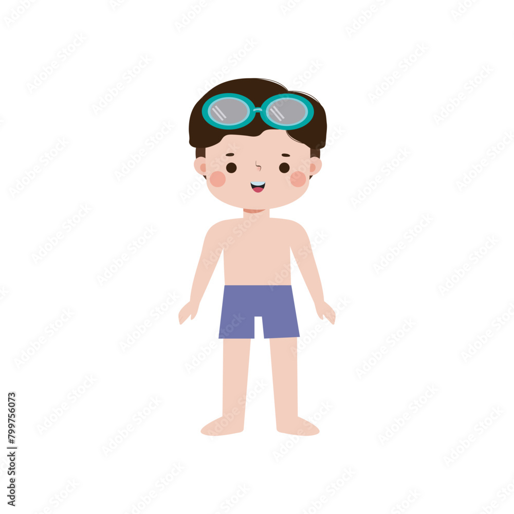 kid wearing swimming suits in summer vacations, Cute child cartoon Pool party characters, Kids spending holidays in seaside isolated white background Vector illustration