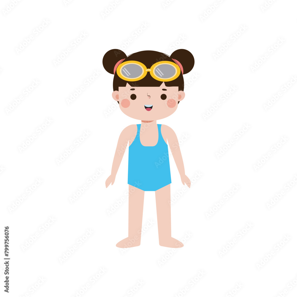 kid wearing swimming suits in summer vacations, Cute child cartoon Pool party characters, Kids spending holidays in seaside isolated white background Vector illustration