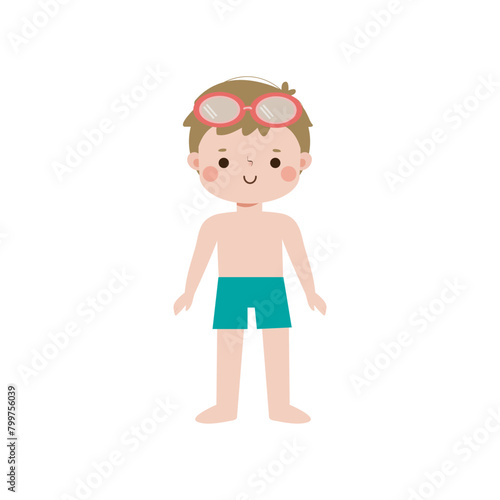 kid wearing swimming suits in summer vacations, Cute child cartoon Pool party characters, Kids spending holidays in seaside isolated white background Vector illustration