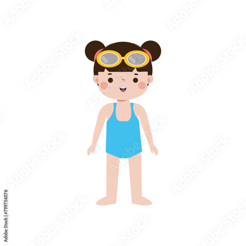 kid wearing swimming suits in summer vacations, Cute child cartoon Pool party characters, Kids spending holidays in seaside isolated white background Vector illustration