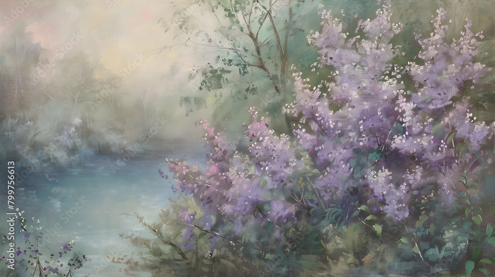 Captivating Lilac Blossoms Drifting Through Tranquil Woodland Landscape in Soft Dreamlike Pastel Tones Captivating Lilac Blossoms Drifting Through Tranquil Woodland Landscape in Soft Dreamlike Pastel Tones