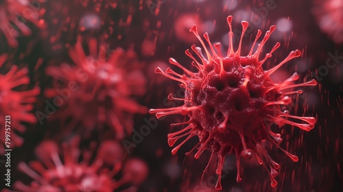 3d render of red corona virus with blurred background, closeup shot.