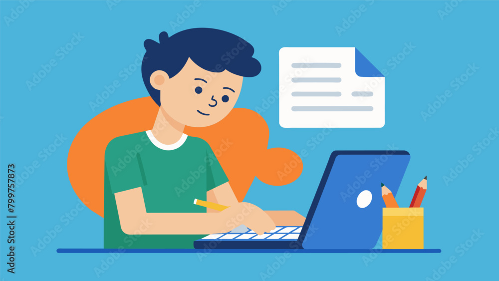 A student with dysgraphia using a dictation app and a specialized keyboard to complete written assignments without struggling to write by hand.. Vector illustration A student with dysgraphia using a dictation app and a specialized keyboard to complete written assignments without struggling to write by hand.. Vector illustration