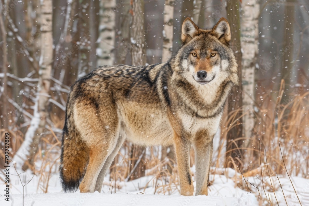 Naklejka premium Epic Wolf Portrait Against Snowy Autumn Backdrop - Majesty, Endurance, Wilderness