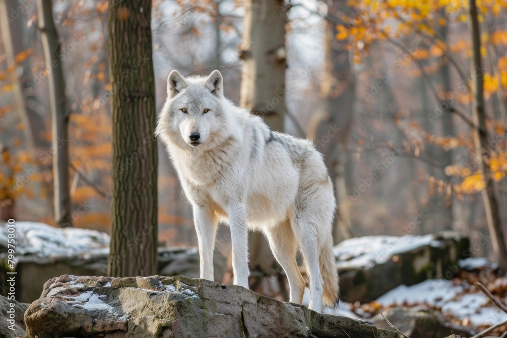 Fototapeta premium Epic Wolf Portrait Against Snowy Autumn Backdrop - Majesty, Endurance, Wilderness