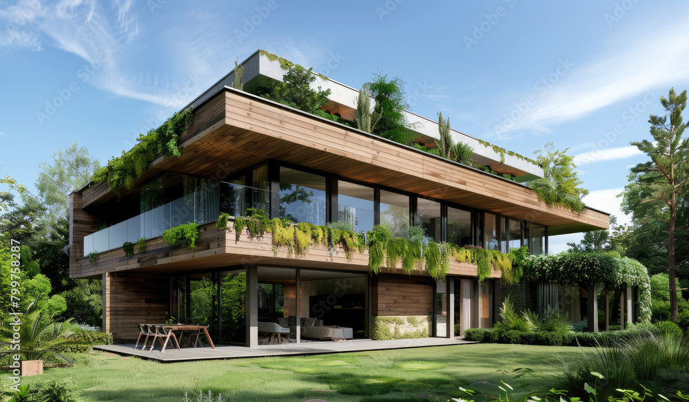 A modern house with wooden cladding and greenery on the roof, set against blue sky, surrounded by trees and grassy lawns. The front facade features large windows overlooking an outdoor area