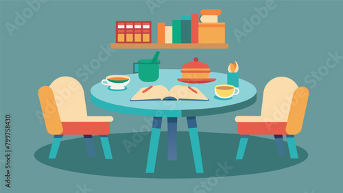 Tucked away in the cookbook section a small table with a few chairs is the perfect spot for friends to exchange recipes and cooking tips while. Vector illustration