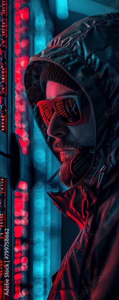 Obraz premium Data Hacker, Protective Gear, Stealthy Hacker on a high-tech data server, dark atmosphere, Realistic, Silhouette Lighting, Chromatic Aberration
