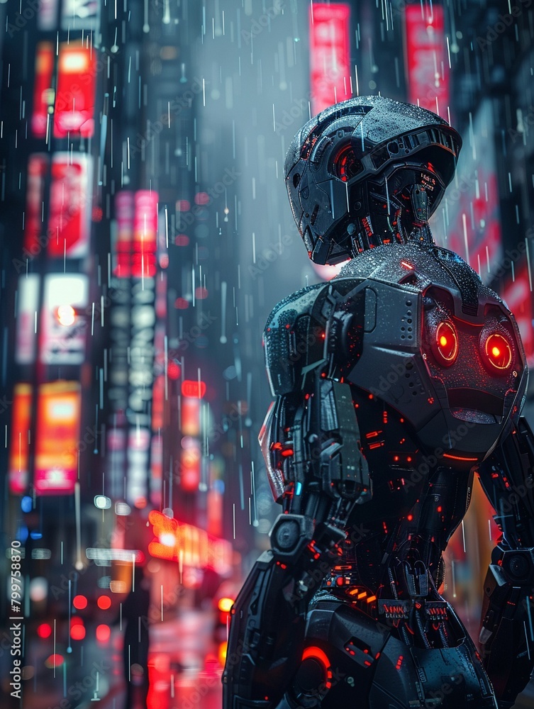 Cyborg, metallic exoskeleton, futuristic warrior, standing in a neon-lit cityscape at night, rain falling gently, 3D render, Backlights, Vignette