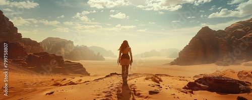 Craft a striking visual of a bold expedition leader crossing a vast desert on a tilted angle Showcase the spirit of bravery and determination in venturing into unknown lands