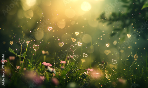 beautiful tender flowers in summer on a meadow with sunshine and bokeh hearts