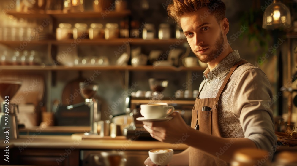 The picture of the barista holding coffee cup inside cafe or coffee shop, the barista skills require knowledge of the various type of the coffee bean and time management in making the coffee. AIG43.
