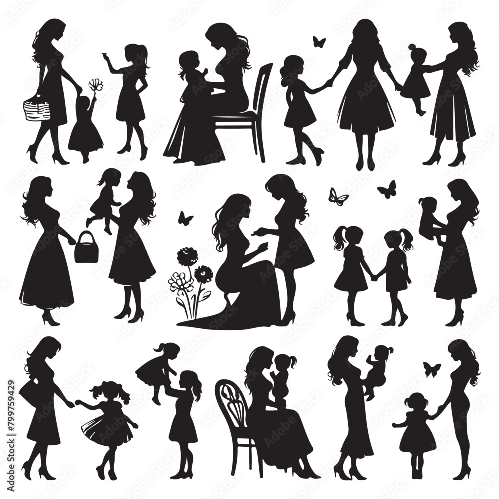 Fototapeta premium Silhouette set of mother and daughter