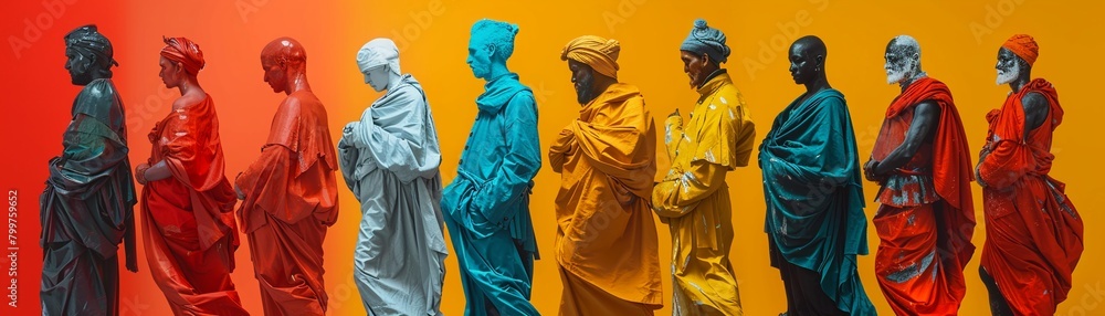 Craft a visually dynamic composition featuring side views of historical figures from different cultures, each symbolizing a unique interpretation of time Use a bold color palette and detailed Craft a visually dynamic composition featuring side views of historical figures from different cultures, each symbolizing a unique interpretation of time Use a bold color palette and detailed