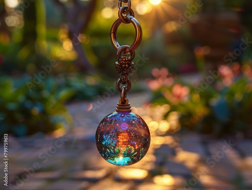 Enchanted keychain, shimmering gemstones, whispered ancient prophecies, held in a magical garden, under a starry sky, photography, golden hour lighting