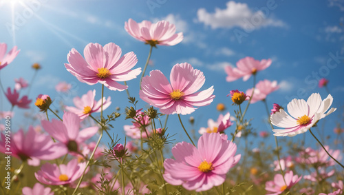 A field of pink and white flowers with a blue sky and white clouds