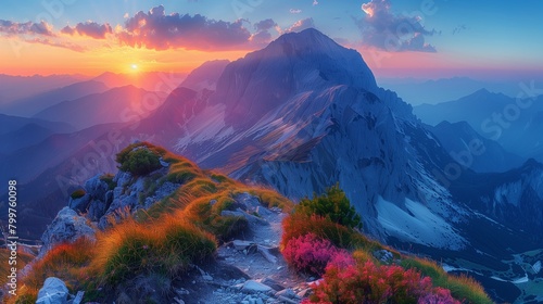 A majestic mountain range during sunset, the sky painted with colors, left side reserved as copy space for YouTube thumbnails.