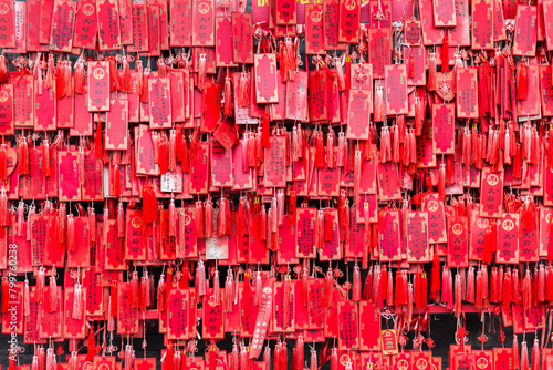 Red prayer tablets on the wall of the Tianhou Palace in Tianjin, China photo