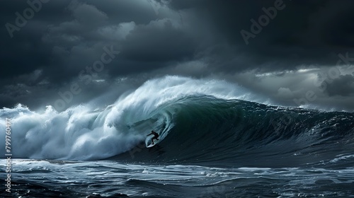 Lone Surfer Riding Enormous Wave Amid Stormy Seascape with Ominous Clouds Overhead
