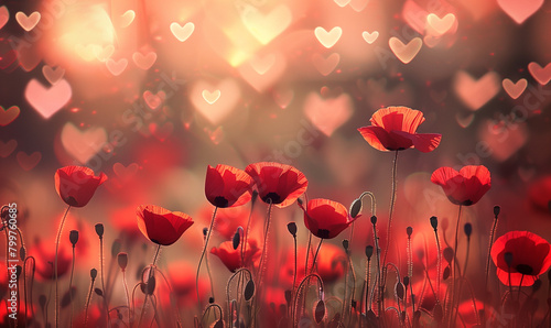 a magical field of red poppy flowers with bokeh hearts