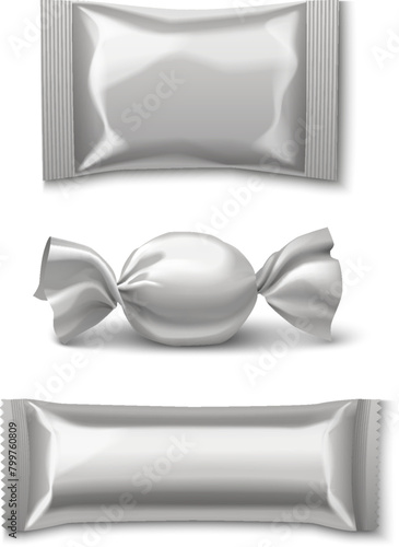 Candy foil package mockup. Realistic 3d vector illustration set of sweet dessert pack. template of blank grey polyethylene wrapper packet for chocolate, waffle and bonbon caramel confectionery.