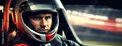 Portrait of sports car driver in protective helmet racing on a speedway. Fast speed, motorsport