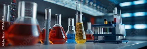 Glass flask in Science Chemical laboratory or Medical research lab with colorful liquid for background photo