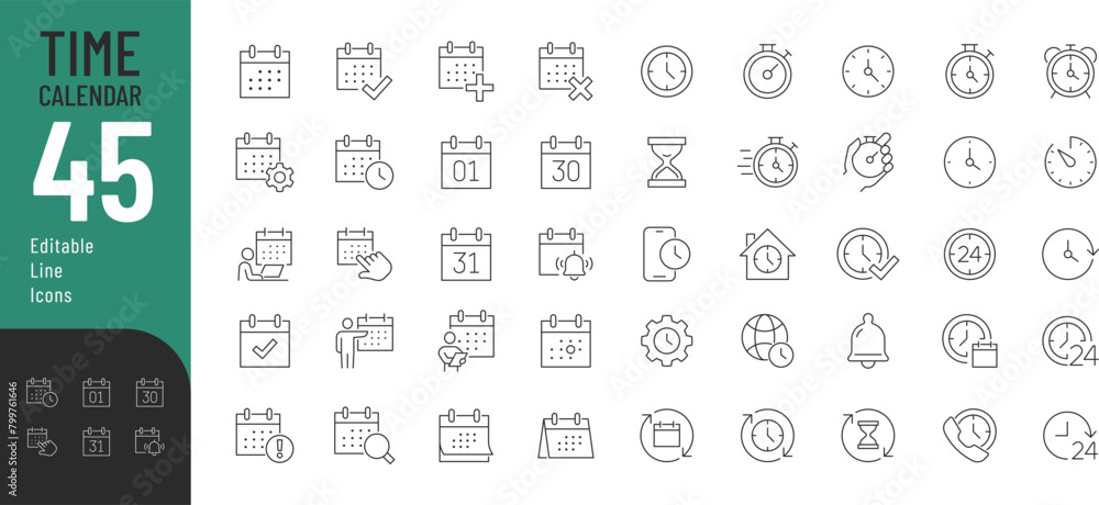 Time and calendar Line Editable Icons set. Vector illustration in modern thin line style of time management related icons: clock, stopwatch, timer, schedule, date, and more. Pictograms and infographic Time and calendar Line Editable Icons set. Vector illustration in modern thin line style of time management related icons: clock, stopwatch, timer, schedule, date, and more. Pictograms and infographic