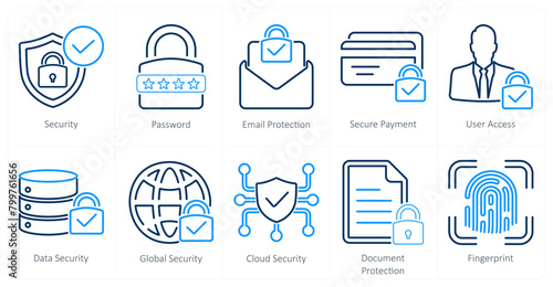 A set of 10 cyber security icons as security, password, email protection, secure payment