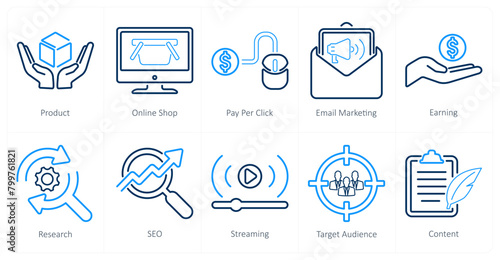 A set of 10 digital marketing icons as product, online shop, pay per click