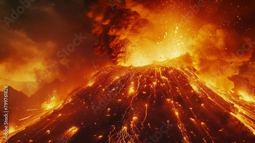 A very large volcano is violently erupting  spewing out massive amounts of molten lava that flows down its slopes. The scene is intense and dangerous  with the volcano showcasing its powerful forces
